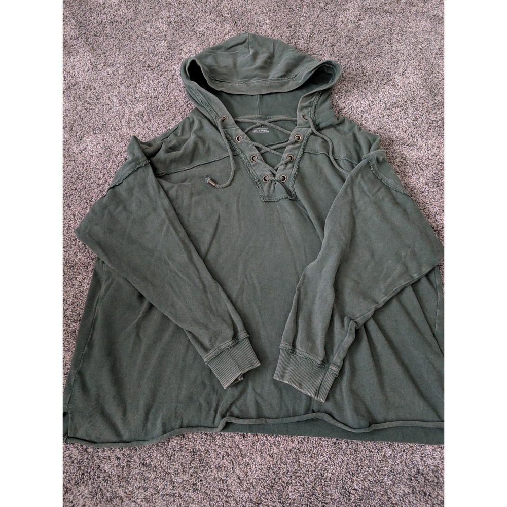 Aerie Womens Lace Up Ribbed Knit Hoodie‎ Olive Green Oversized S P
